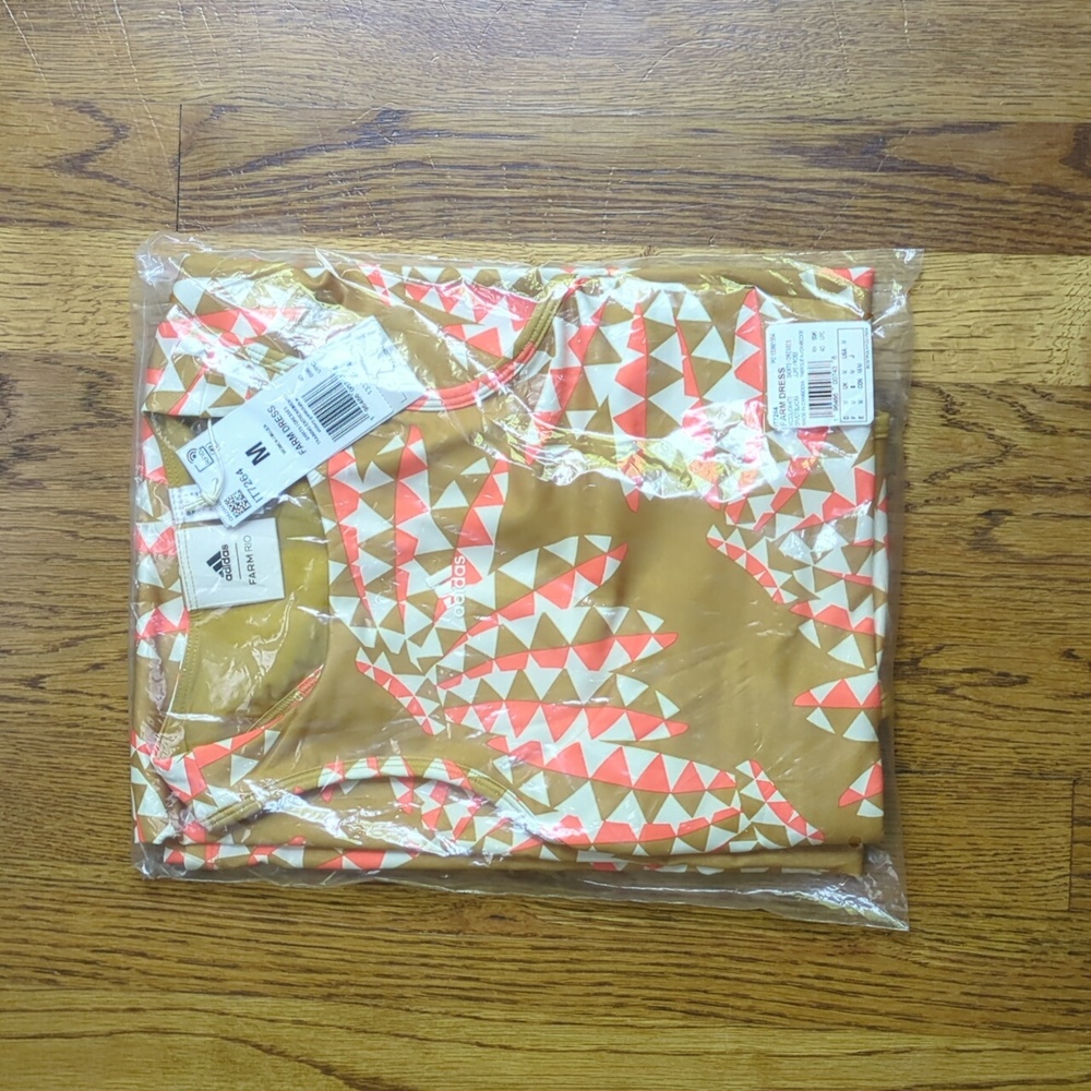 NWT FARM Rio Victory Gold Abstract Wave Print Midi Dress Adidas Collab - Picture 7 of 7